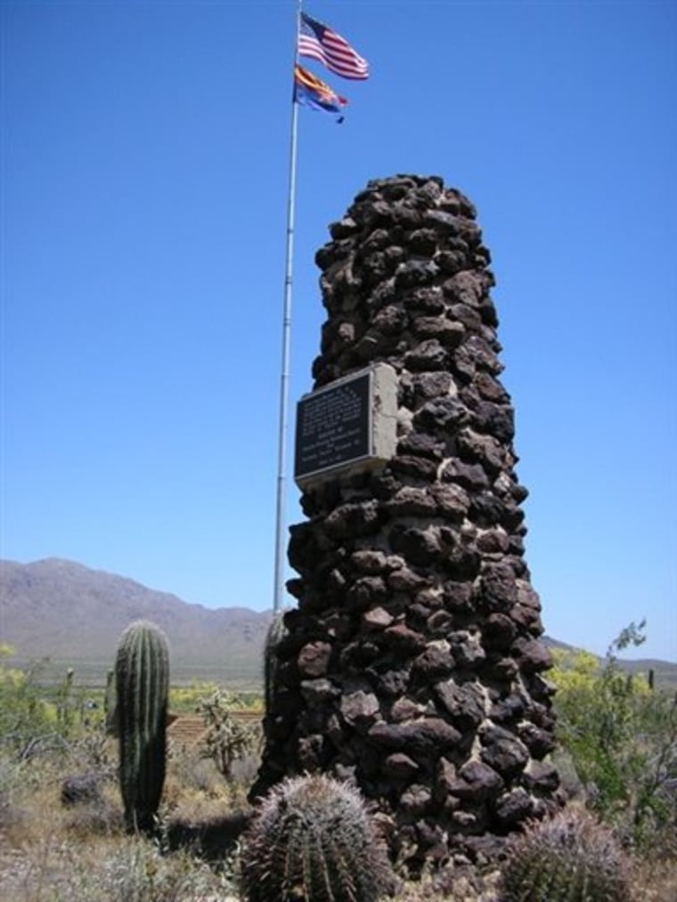 FILE - This May 3, 2005 file photo provided by Arizona State Parks Department, shows a Civil War Monument that was erected in Picacho Peak State Park near Eloy Az.  The Civil War Preservation Trust's 2010 edition of the nation's most endangered battlefields includes Picacho Peak in Arizona, one of the most westernmost battlefields during the Civil War.  (AP Photo/Arizona State Parks,File)